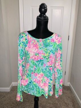 Lilly Pulitzer Aqua Floral Long-Sleeve Tee with Pink Accents